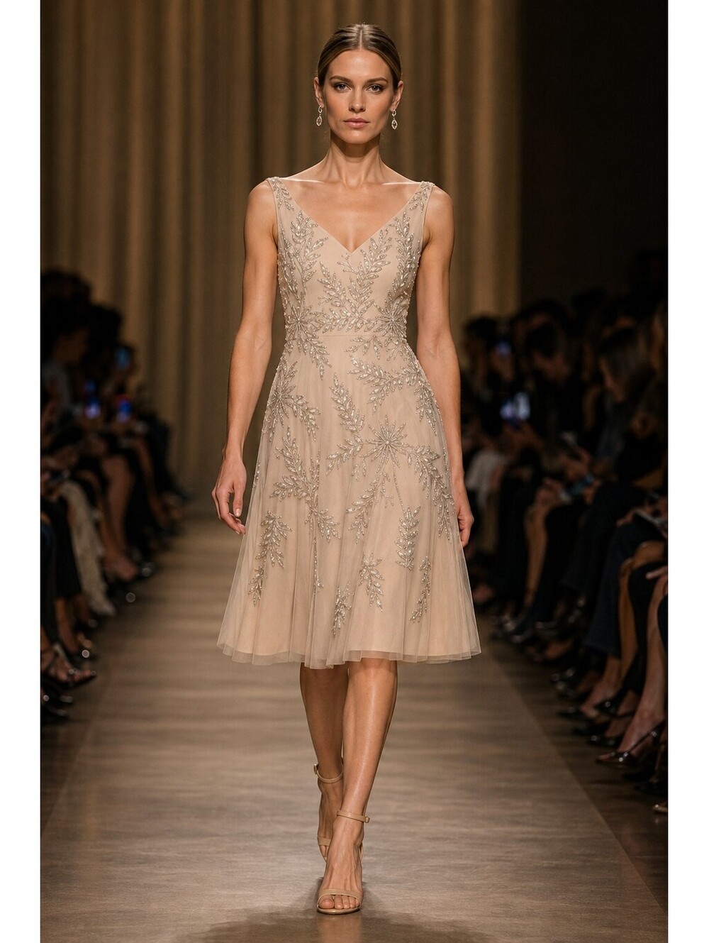 Aidan Mattox Beaded Mesh Cocktail Dress Champagne Blush Midi Sz 6 Cocktail $650